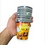 عکس لیوانهای کاغذی هالووین با طرح ترسناک و نوشته Happy Halloween